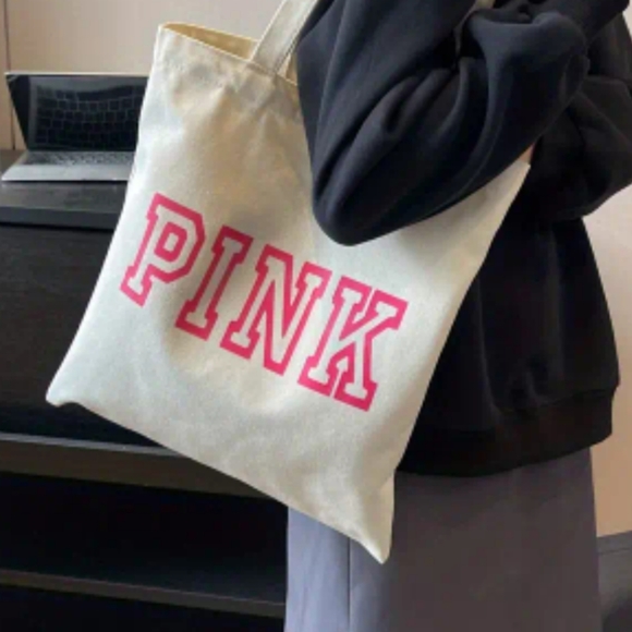 "PINK" Canvas Tote Bag, Beige or Black NWOT, Priced Individually - Picture 3 of 5